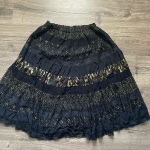 Cache Black and Gold Midi Skirt